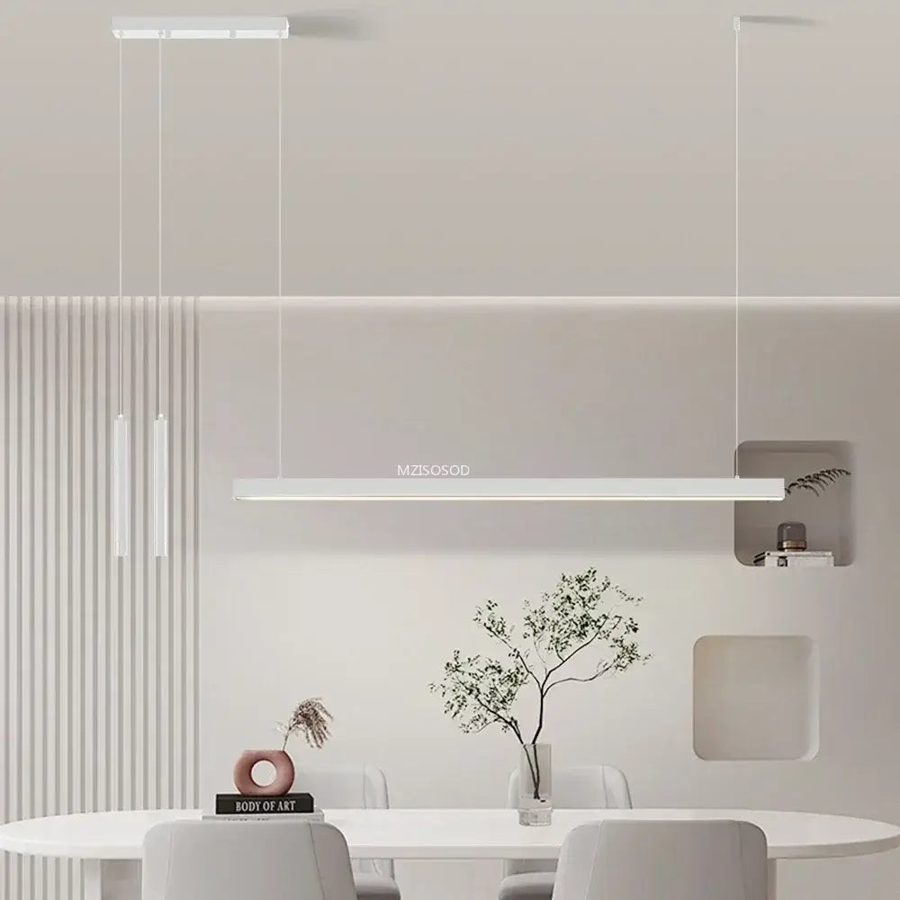 Minimalist white rectangular nordic led chandelier with sleek modern design and thin hanging cords for home lighting
