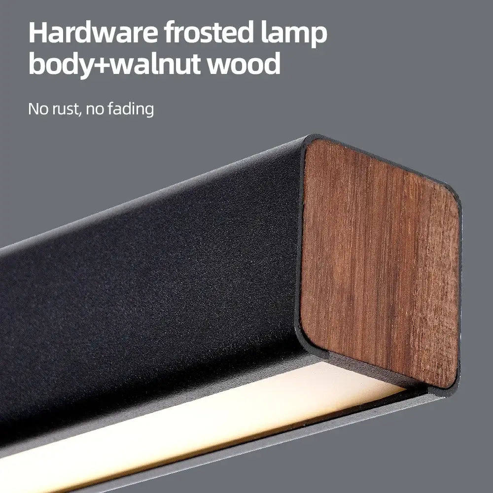 Modern rectangular nordic led chandelier with black frosted hardware body and walnut wood accent for home lighting