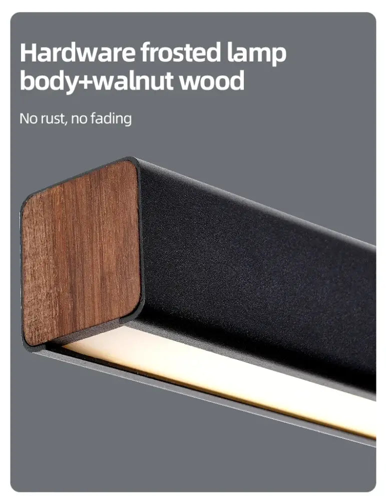 Modern rectangular wall sconce with frosted glass and walnut wood accent in sleek black finish for nordic led chandelier lighting