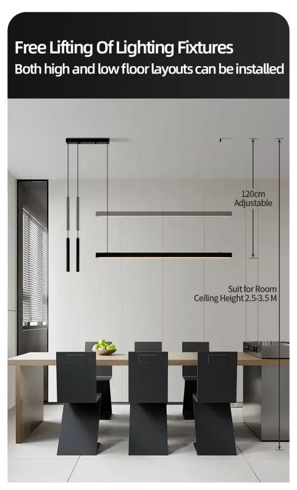 Modern black linear nordic led chandelier with adjustable height for contemporary dining room lighting by decorbites