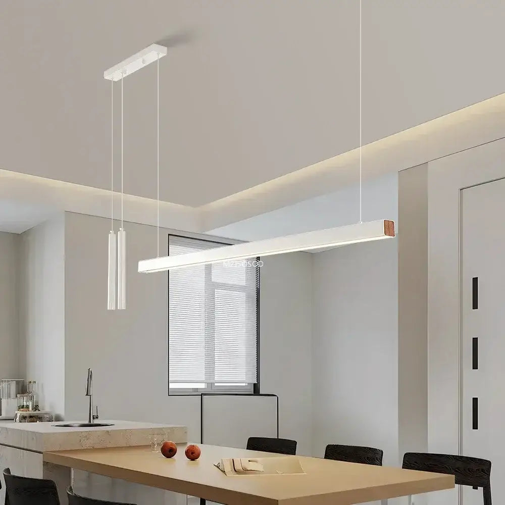 Decorbites™ nordic led chandelier with a sleek white rectangular body and wooden accent suspended by thin cables