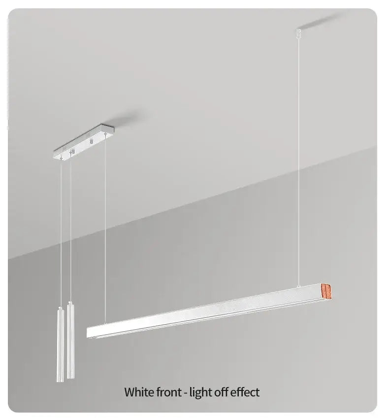 Modern minimalist nordic led chandelier with white rectangular body and copper accents suspended by thin cords for home lighting