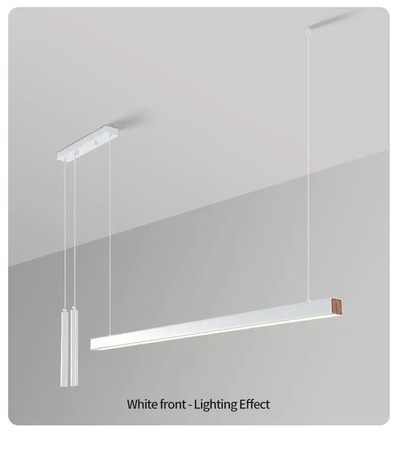 Modern white linear nordic led chandelier with minimalist design and subtle wood accent for home lighting by DecorBites
