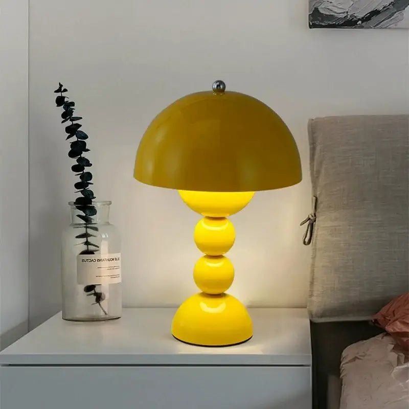 Vibrant yellow nordic led usb dimmable table lamp with glossy dome shape and stacked spherical base for bedroom decor