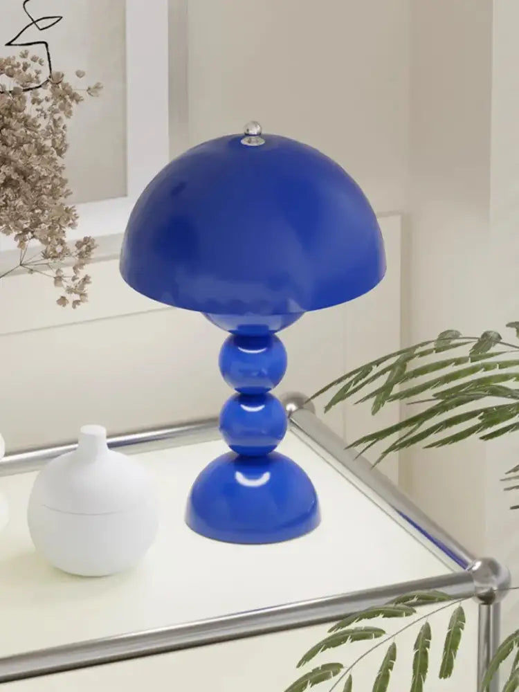 Vibrant cobalt blue nordic led table lamp with glossy finish and usb dimmable stacked spherical base for bedside use