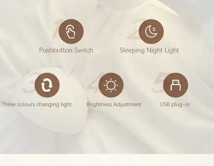 White fabric nordic led table lamp with brown icons featuring usb dimmable pushbutton switch and color changing light