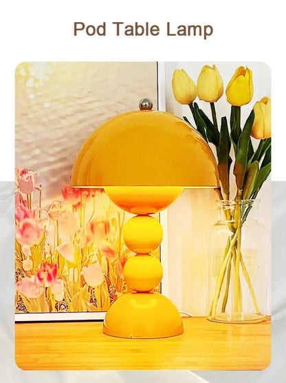 Vibrant yellow pod table lamp with glossy dome design and stacked spheres nordic led usb dimmable for bedside use