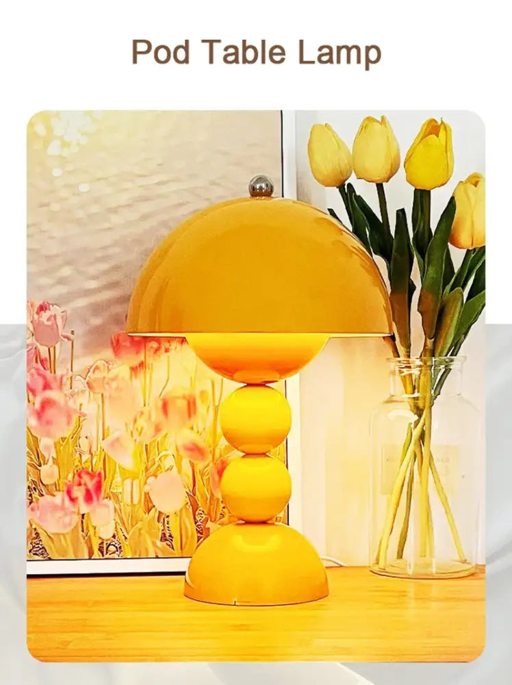 Vibrant yellow pod table lamp with glossy dome design and stacked spheres nordic led usb dimmable for bedside use