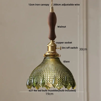 DecorBites™ Nordic led pendant light with textured olive green glass shade, brass socket, and dark walnut wooden handle