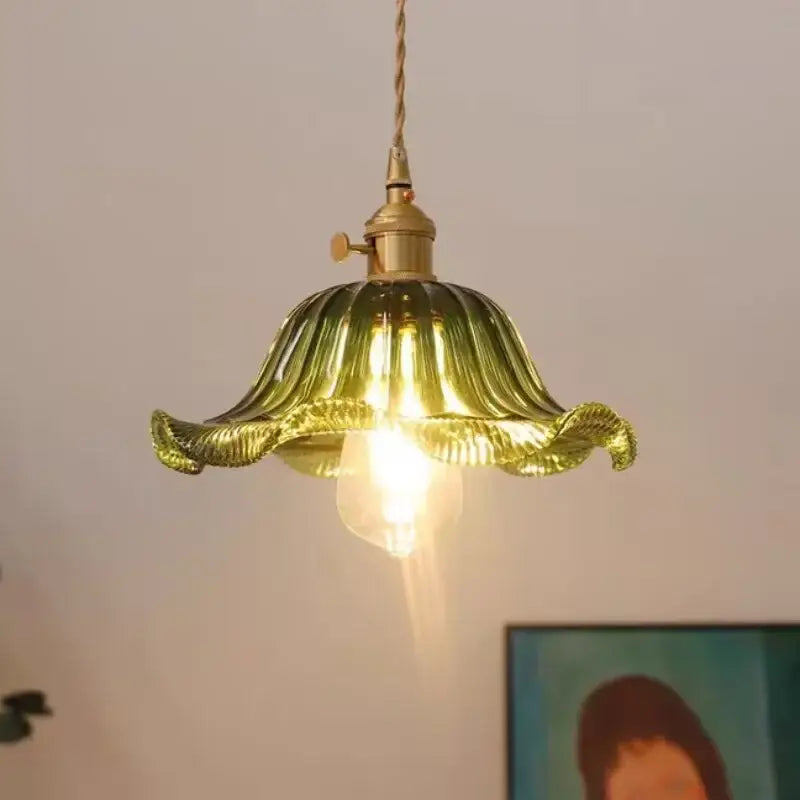 DecorBites™ nordic led pendant light with green ribbed glass shade, brass hardware, and adjustable chain cord hanging fixture