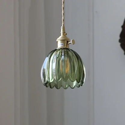 DecorBites Nordic led pendant light with delicate green glass fluted design and brass chain cord hardware hanging fixture