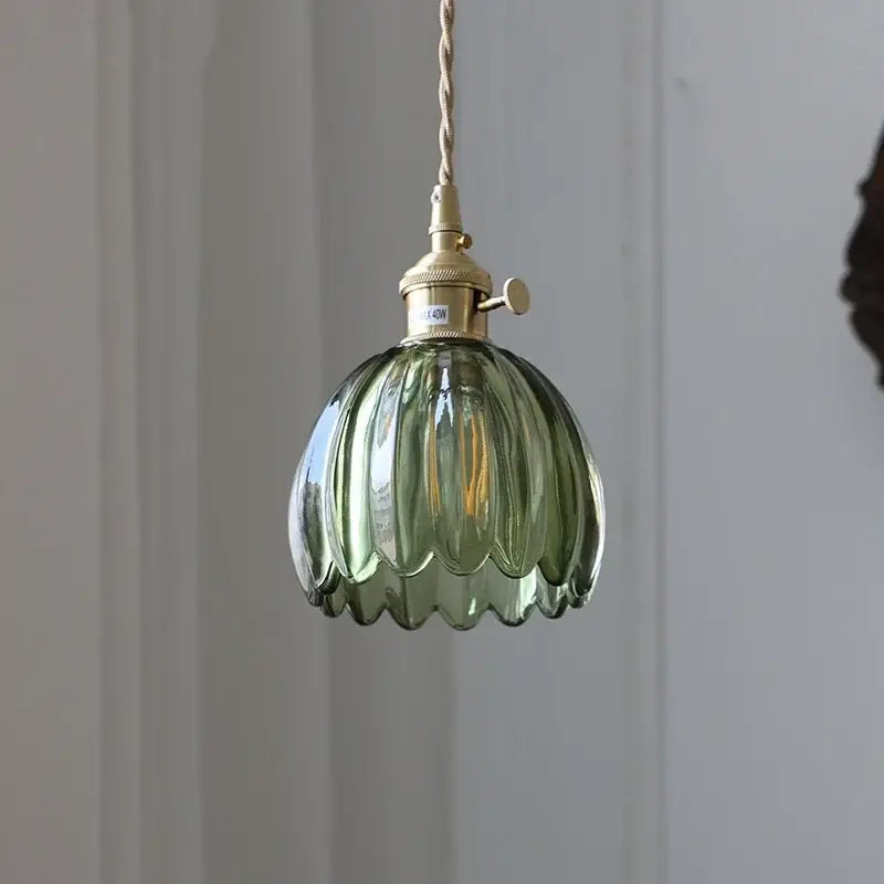 DecorBites Nordic led pendant light with delicate green glass fluted design and brass chain cord hardware hanging fixture