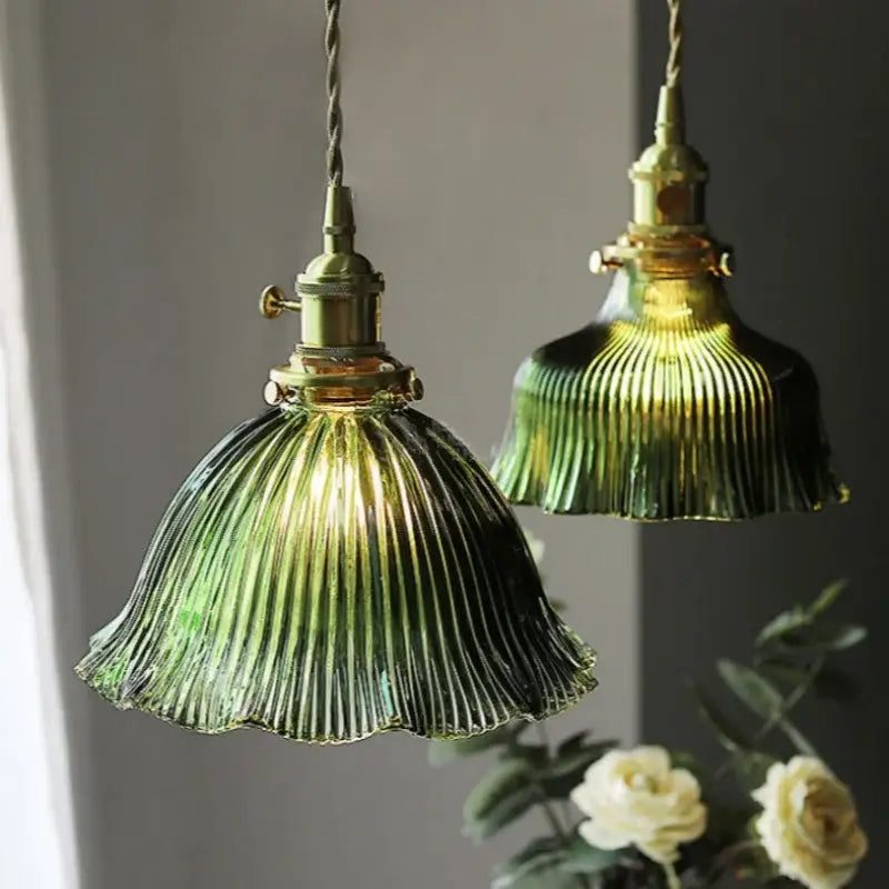 DecorBites™ nordic led pendant light with green ribbed glass and brass fixtures on chain cord hanging fixture