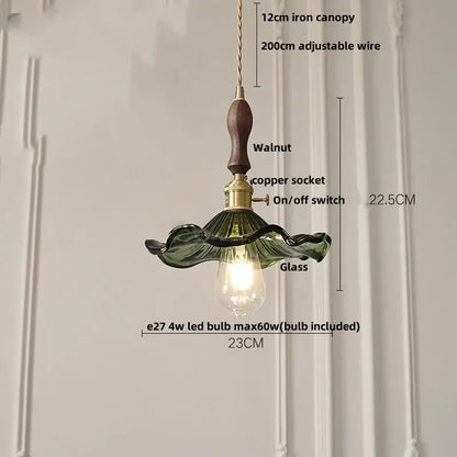 DecorBites™ nordic led pendant light with green glass shade, walnut handle, brass accents, and chain cord hanging fixture
