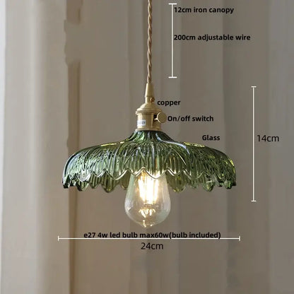 Decorbites™ nordic led pendant light green glass hanging fixture with copper switch and iron canopy chain cord