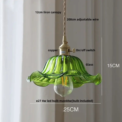 DecorBites™ nordic led pendant light with green fluted glass and brass accents hanging from chain cord