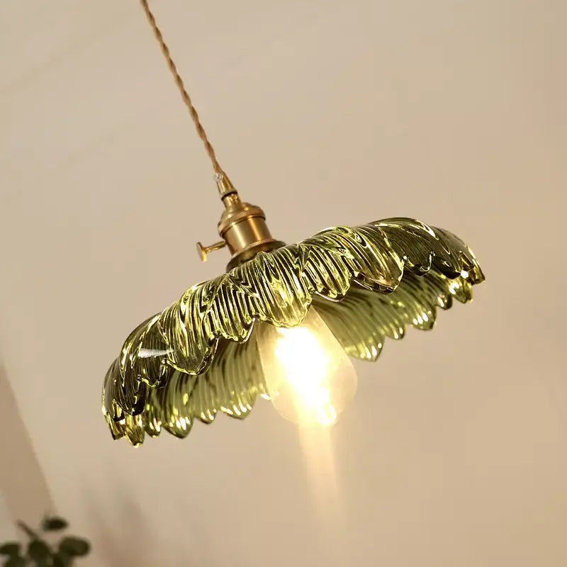 DecorBites Nordic led pendant light with olive green glass leaf shade and twisted brass chain cord featuring edison bulb