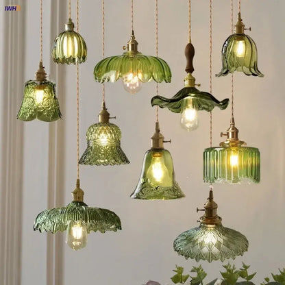 Decorbites™ nordic led pendant light with green glass floral ribbed design and brass fixtures with chain cord