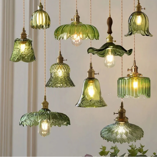 Decorbites™ nordic led pendant light with green glass floral ribbed design and brass fixtures with chain cord
