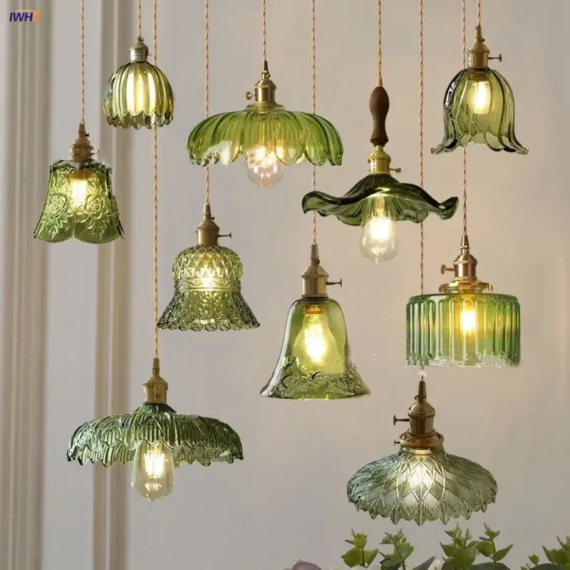Decorbites™ nordic led pendant light with green glass floral ribbed design and brass fixtures with chain cord