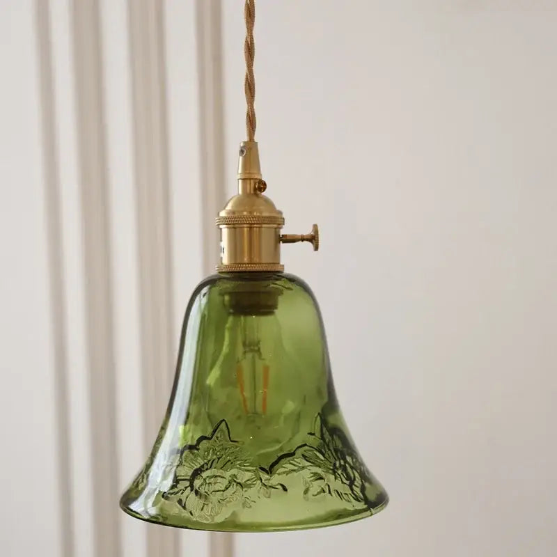 Decorbites nordic led pendant light with green bell-shaped glass, etched floral design, brass hardware, and chain cord