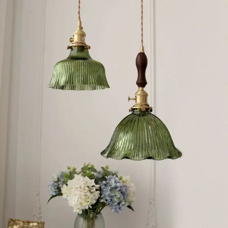 Decorbites nordic green glass led pendant light with brass hardware wooden handles and twisted chain cord hanging fixture