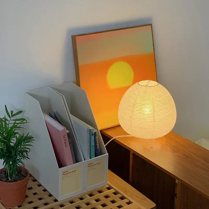 Warmly glowing spherical paper lantern led table lamp by decorbites for bedside bedroom and living room decor