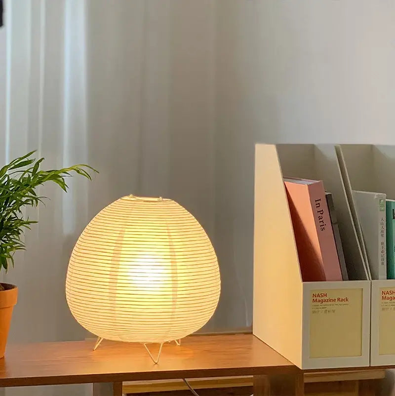 Decorbites™ nordic led table lamp with warm glowing ribbed egg-shaped paper shade and delicate wire legs for home decor