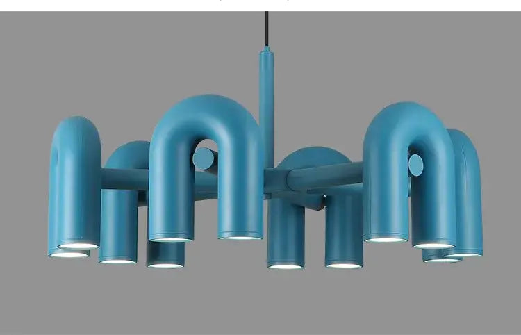 Modern blue DecorBites™ Nordic u shape ceiling chandelier with curved pipe arms for living room and bedroom lighting