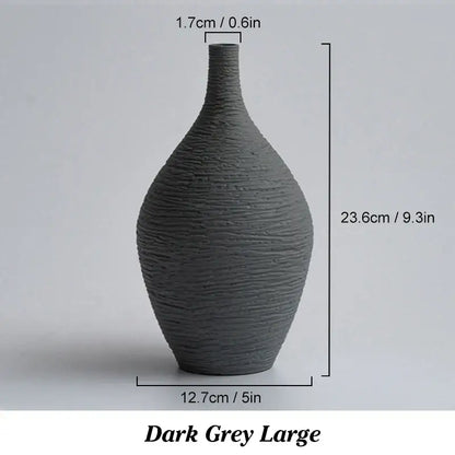 DecorBites™ nordic luxury ceramic vase in dark grey with a textured ribbed surface and slender neck for home décor