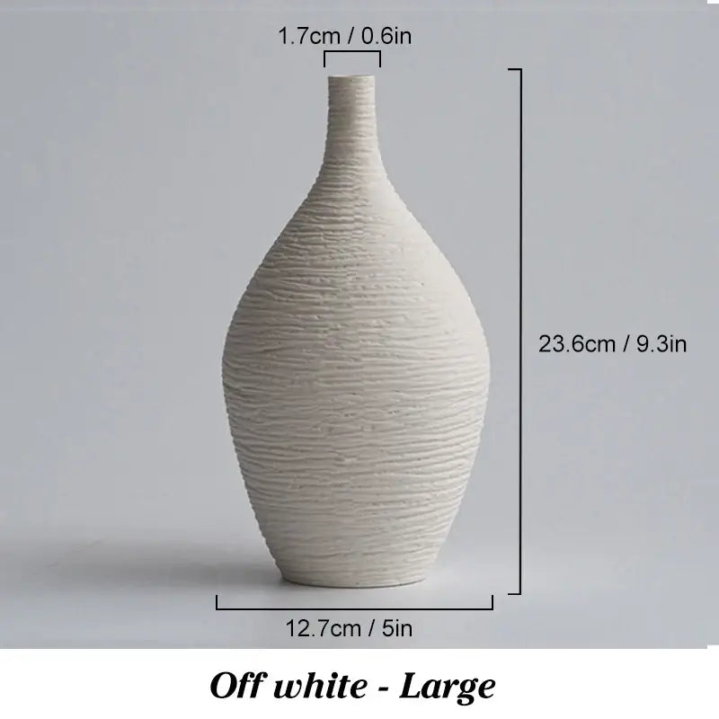 Off-white ceramic vase with textured ribbed surface and slender neck decorbites™ nordic luxury ceramic vase for home décor