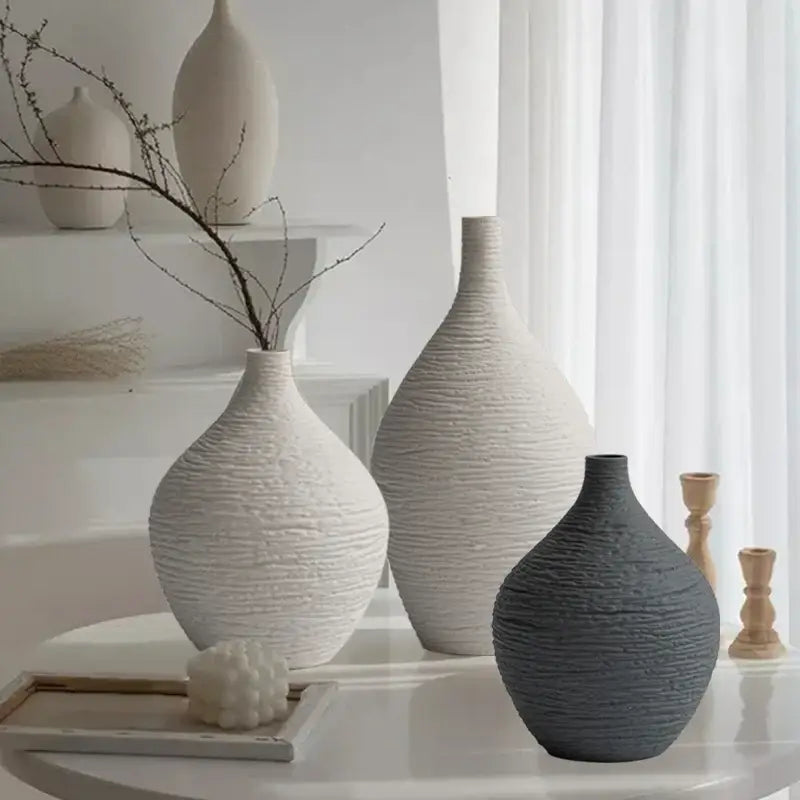 Decorbites™ nordic luxury ceramic vase with ribbed textured white ceramic and rounded body for home décor