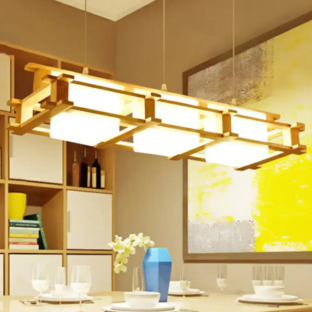 Decorbites™ nordic suspension lamp with rectangular wooden cage and milk glass shade emitting warm glow