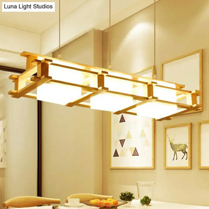 DecorBites™ Nordic milk glass suspension lamp with warm wooden cage and frosted glass shade in beige rectangular design