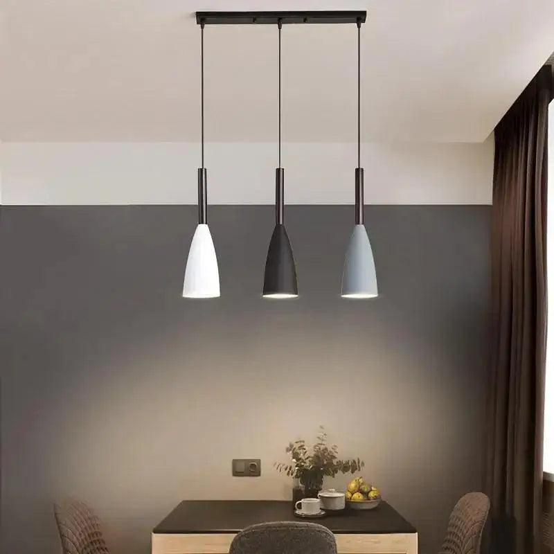 DecorBites™ nordic minimalist pendant light with black metal rods and white matte black and gray shades for kitchen island