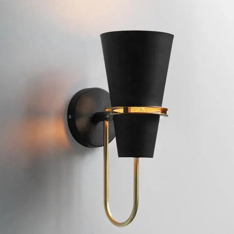 Decorbites™ nordic minimalist wall lamp featuring a black conical wall lamp with a brass u-shaped arm and accent ring