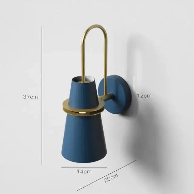 Blue conical decorbites™ nordic minimalist wall lamp with gold-toned curved arm and circular mounting plate