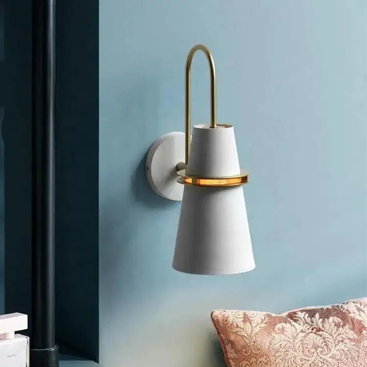 White ceramic minimalist wall lamp with gold-toned metal arm and accent ring by DecorBites™ Nordic minimalist wall lamp
