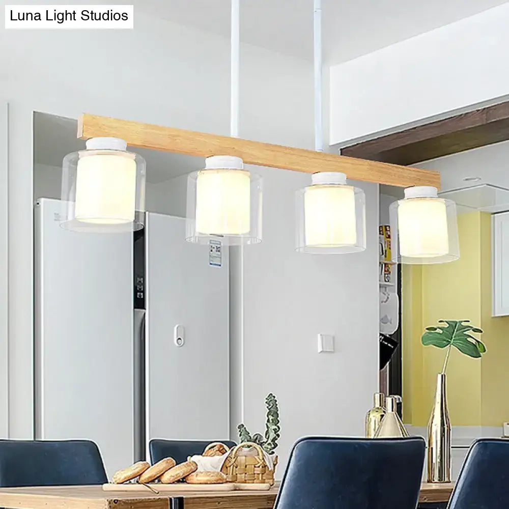 Decorbites™ nordic modern wood island pendant with four clear glass shades and white lamp fixtures hanging lamp