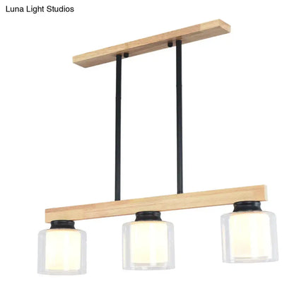 Decorbites™ nordic modern wood island pendant with natural wood frame black metal rods and glass shades hanging lamp