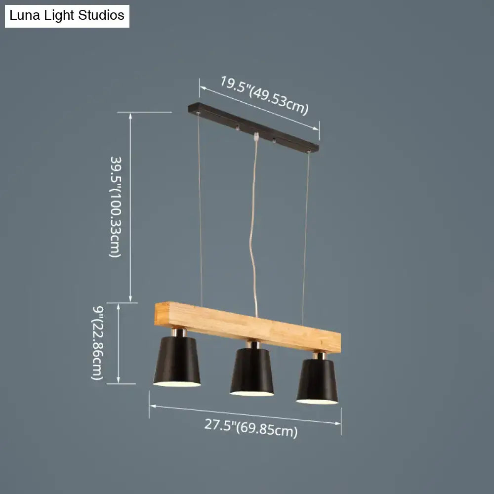 Modern three-light pendant lamp with natural wood beam and black matte metal lampshade for work rooms by decorbites