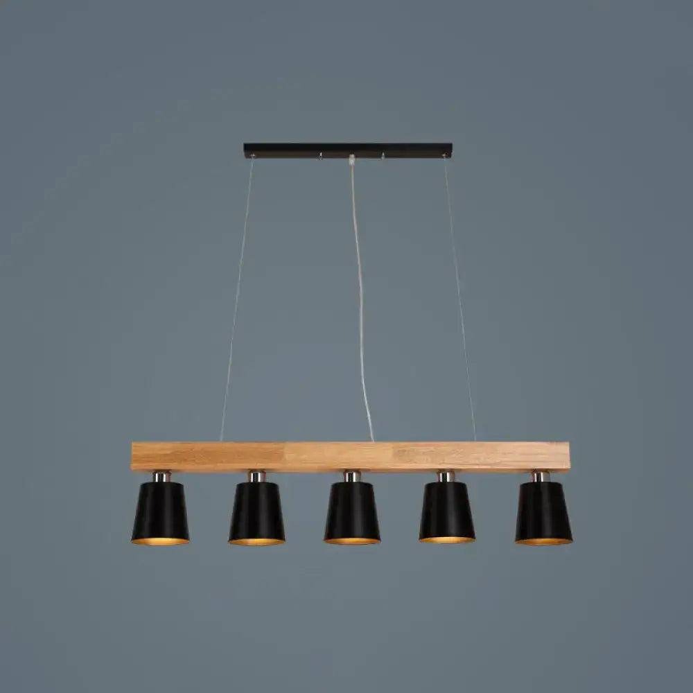 DecorBites™ Nordic modern wood island pendant with five black metal lampshades for stylish workroom lighting