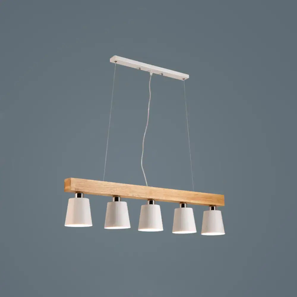 Modern nordic wood island pendant with metal lampshade featuring natural wood beam and white conical shades for work rooms