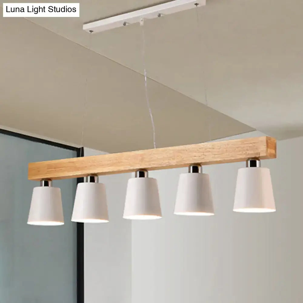 DecorBites™ nordic modern wood island pendant with metal lampshade features natural wood beam and white ceramic shades