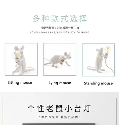 White ceramic nordic mouse led table lamp with clear glass bulb in sitting lying and standing poses by DecorBites™
