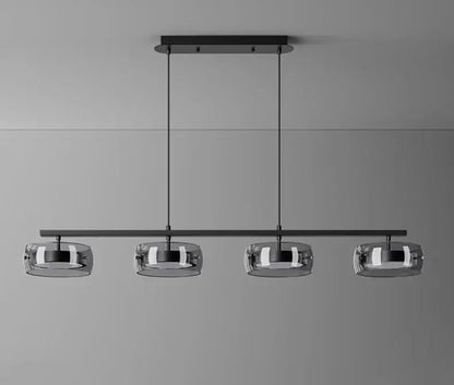 Modern black metal pendant lamp with four smoked glass shades suitable for cold white or warm white lighting