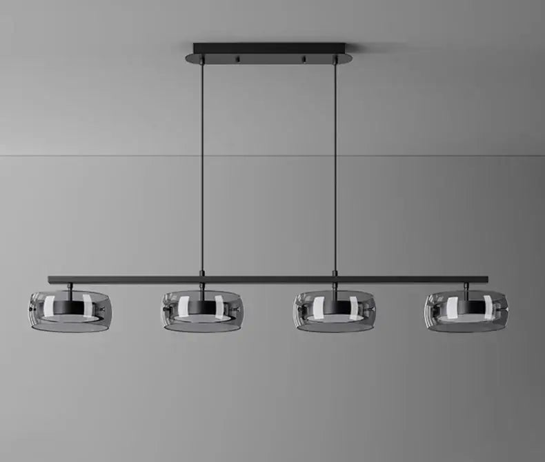 Modern black metal pendant lamp with four smoked glass shades suitable for cold white or warm white lighting