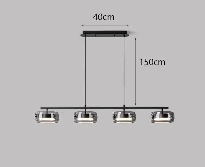 Modern black metal pendant lamp decorbites™ with four cylindrical glass shades emitting warm white led light