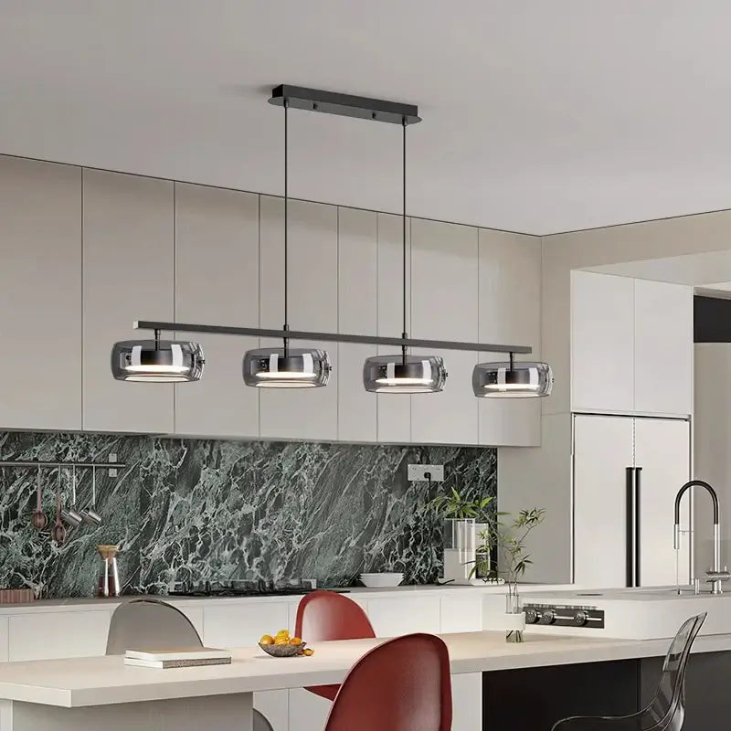 DecorBites Nordic pendant lamp with four black metal cylinders and chrome finish bulbs for dining and living rooms