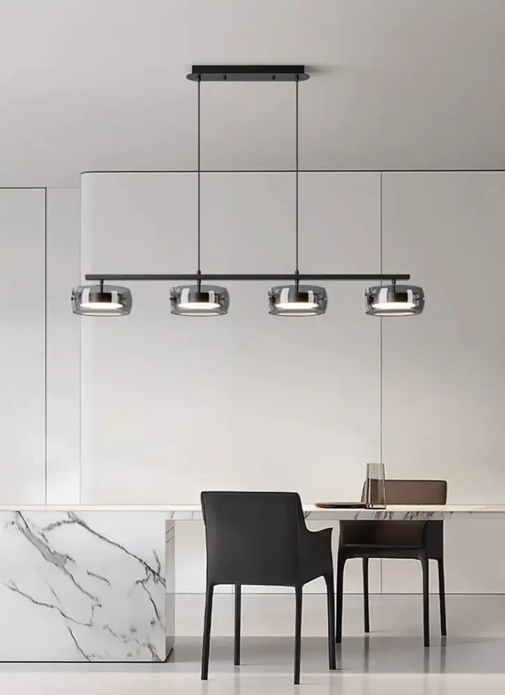 DecorBites™ nordic pendant lamp with four chrome-finished cylindrical bulbs in black metal for dining rooms with cold white or warm white light